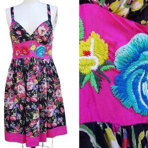 Johnny Was Multicolored Floral Embroidered Strap Babydoll Summer Dress S